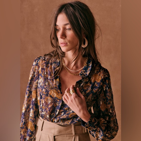 Sezane Tops - SEZANE Tianna Shirt in Doha Ochre - Silk Floral Button-Down Shimmer Blouse